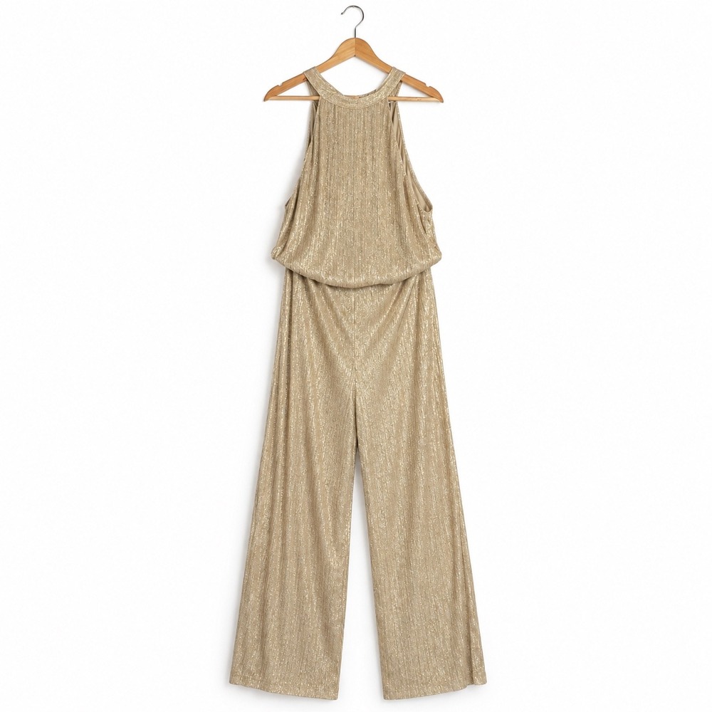 Collective Concepts Metallic Plisse Jumpsuit Halter Wide Leg Gold XL